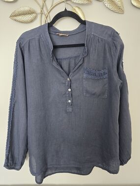 Boho Navy Embroidered Pocket Henley Tunic Blouse Size L 100% Linen Italy